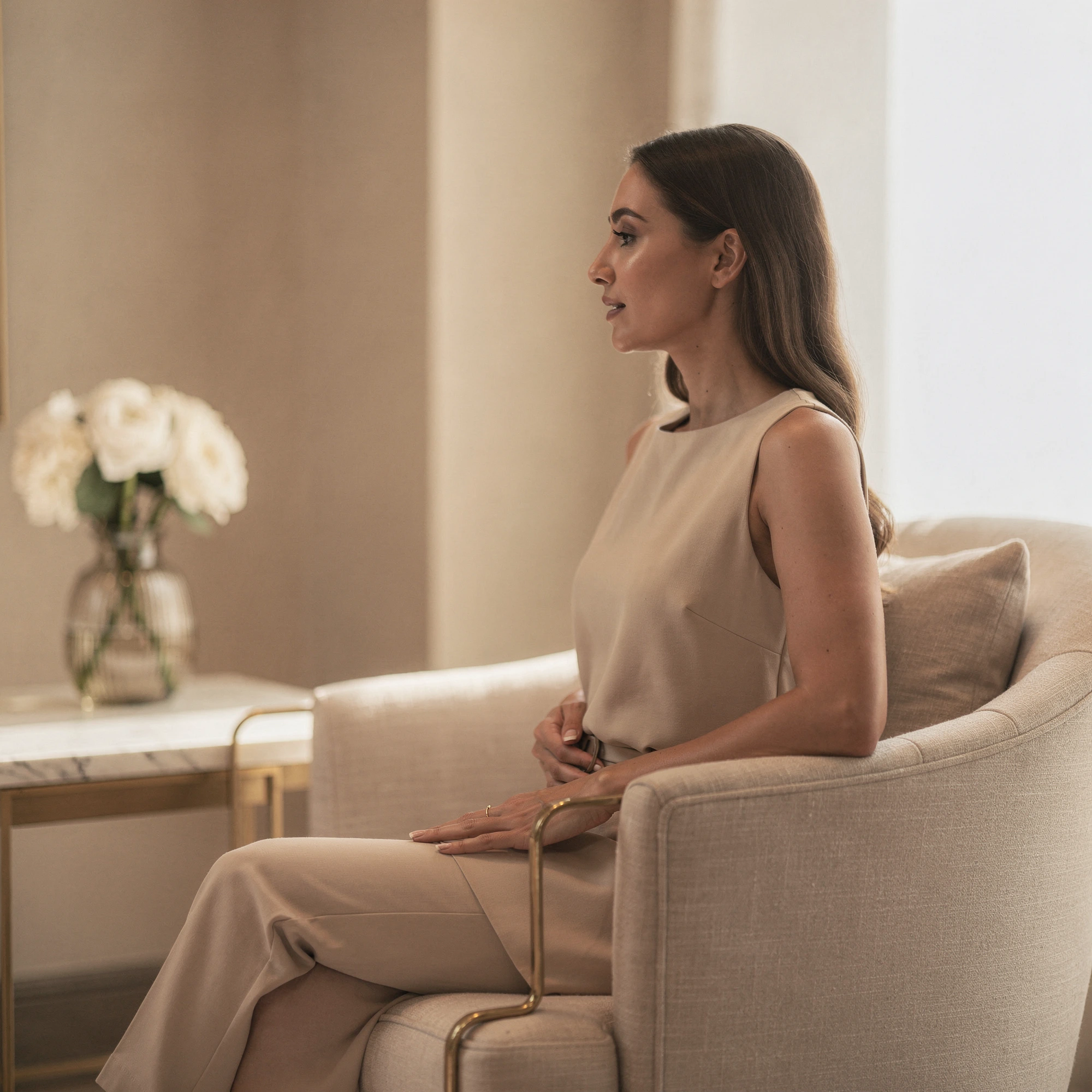Woman in a neutral-toned consultation room sitting on a beige chair, holding a tablet